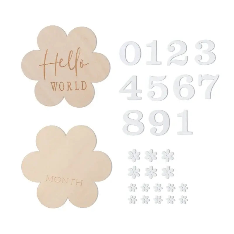 Wooden baby milestone flowers with engraved 'Hello World' and 'Month' text, and numeric and floral accent pieces.