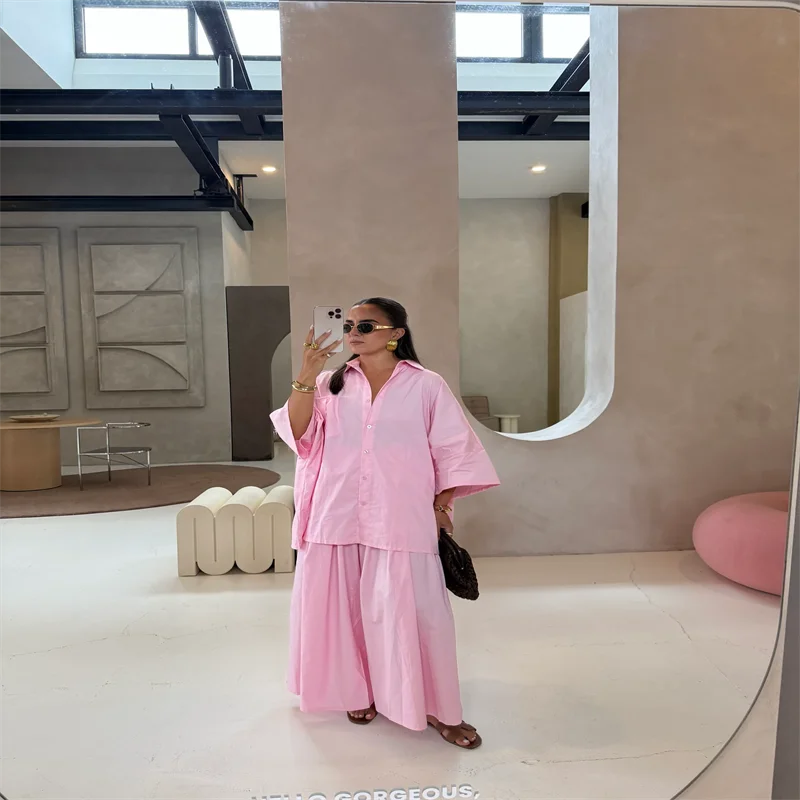 طقم بنطال نسائي من القطن بقصة واسعة