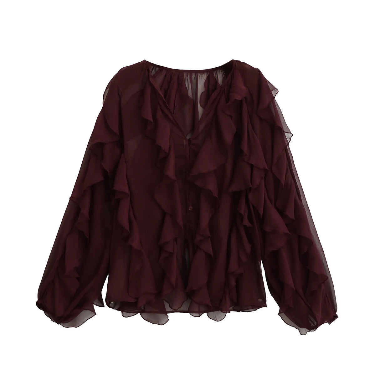 Rufflynn™ – Translucent Ruffle Blouse (V-Neck, Hollow-Out Chic for Spring/Summer)