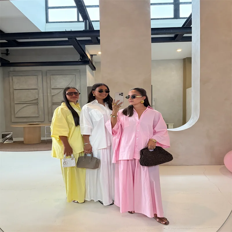 طقم بنطال نسائي من القطن بقصة واسعة