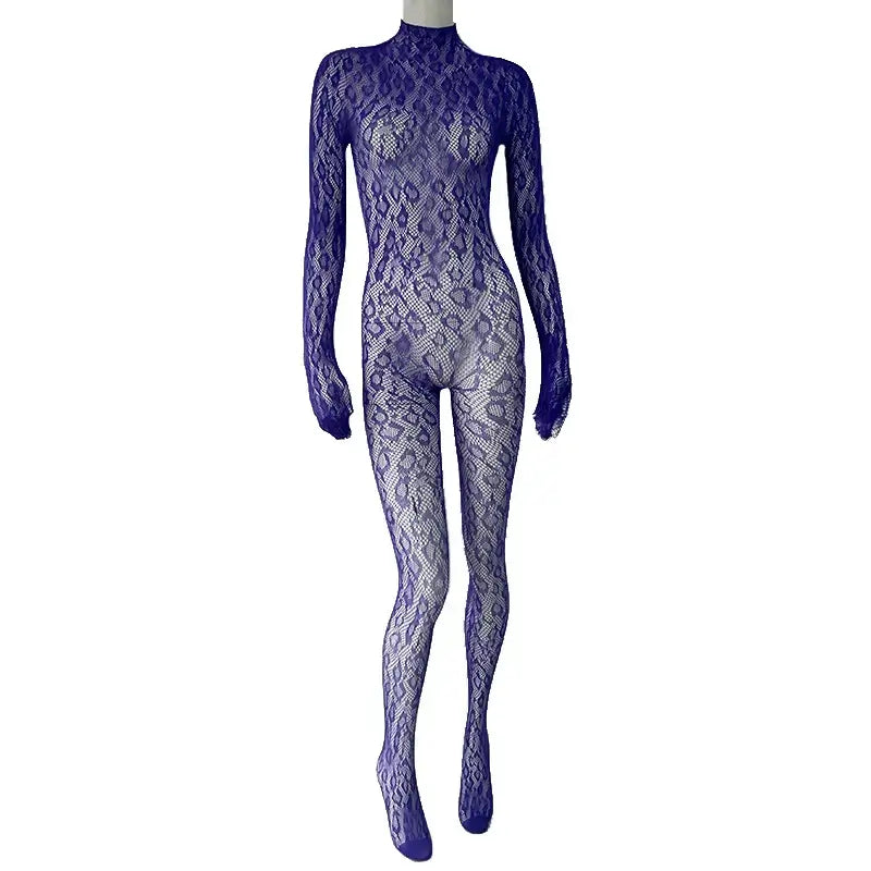 Women Lace Fishnet Long Sleeve Jumpsuit