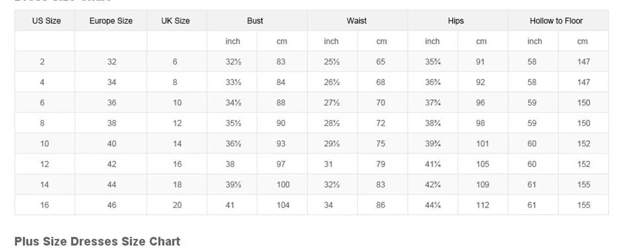 Plus size dress size chart displaying US, Europe, and UK sizes with bust, waist, hips, and hollow to floor measurements.