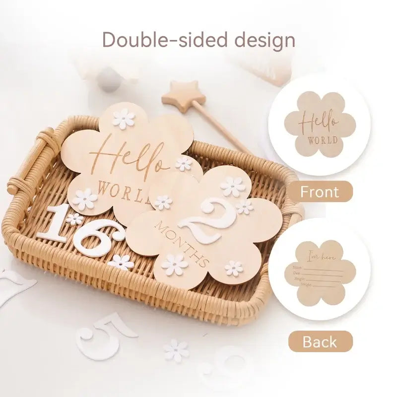 Wooden baby flower-shaped milestone cards, double-sided design for tracking age, in a woven basket.