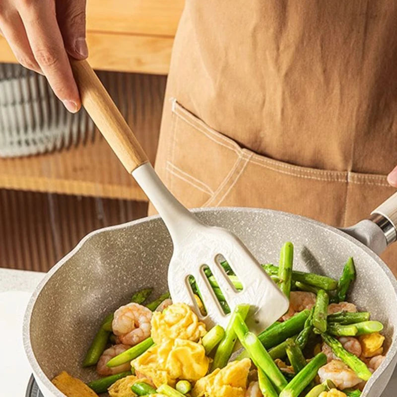 Silicone Cooking Utensil Set with Wooden Handle