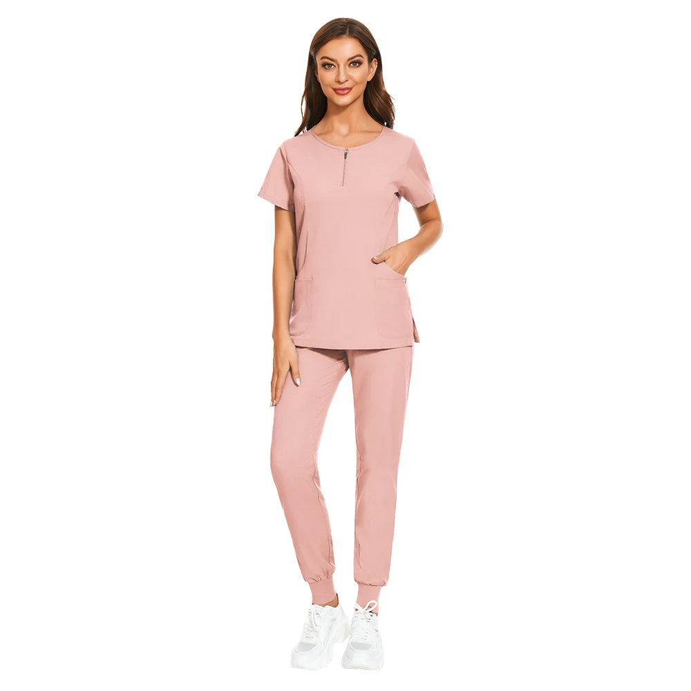 Women wearing 7-color nursing work uniform, featuring a zipper V-neck top, stylish pants, in breathable twill fabric.