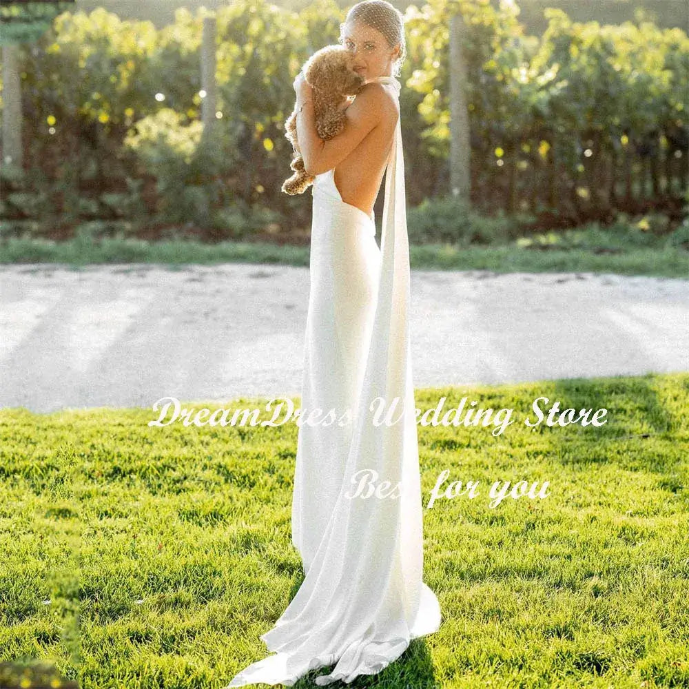 فستان زفاف نسائي من الكريب بتصميم حورية البحر بدون ظهر