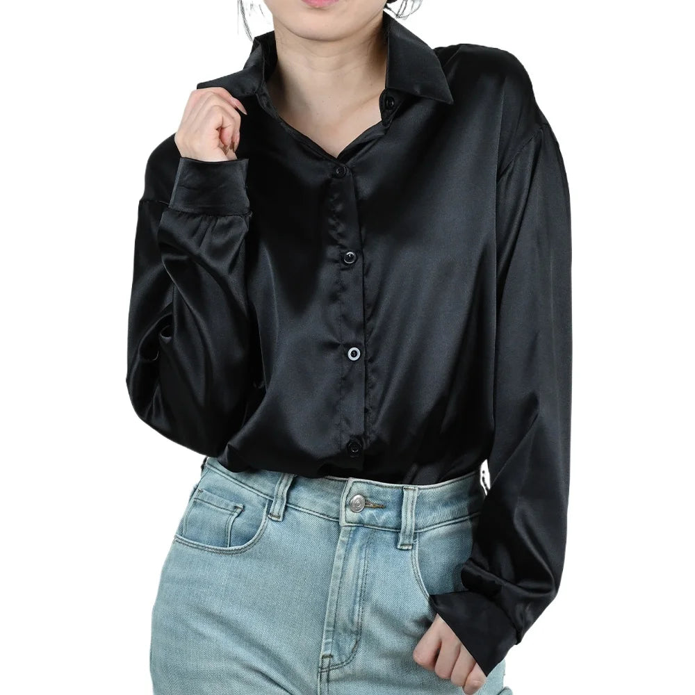 SilkAura™ imitation silk blouse in black, featuring a turn-down collar and loose fit, ideal for business casual wear.