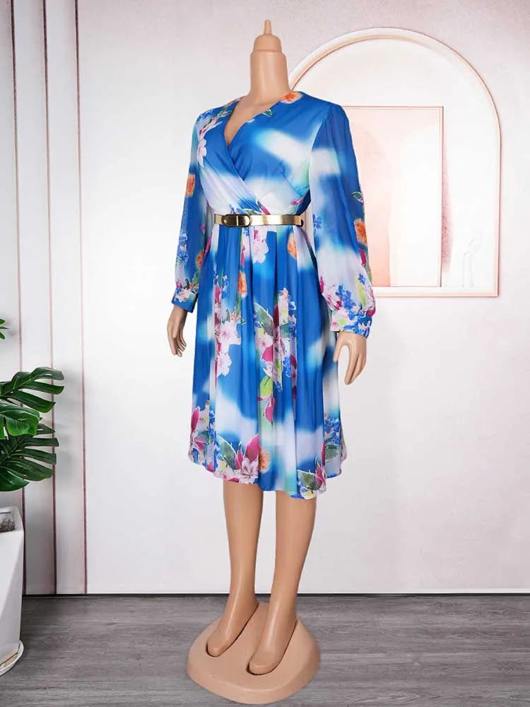 فستان نسائي من الشيفون المطبوع بفتحة رقبة على شكل حرف V