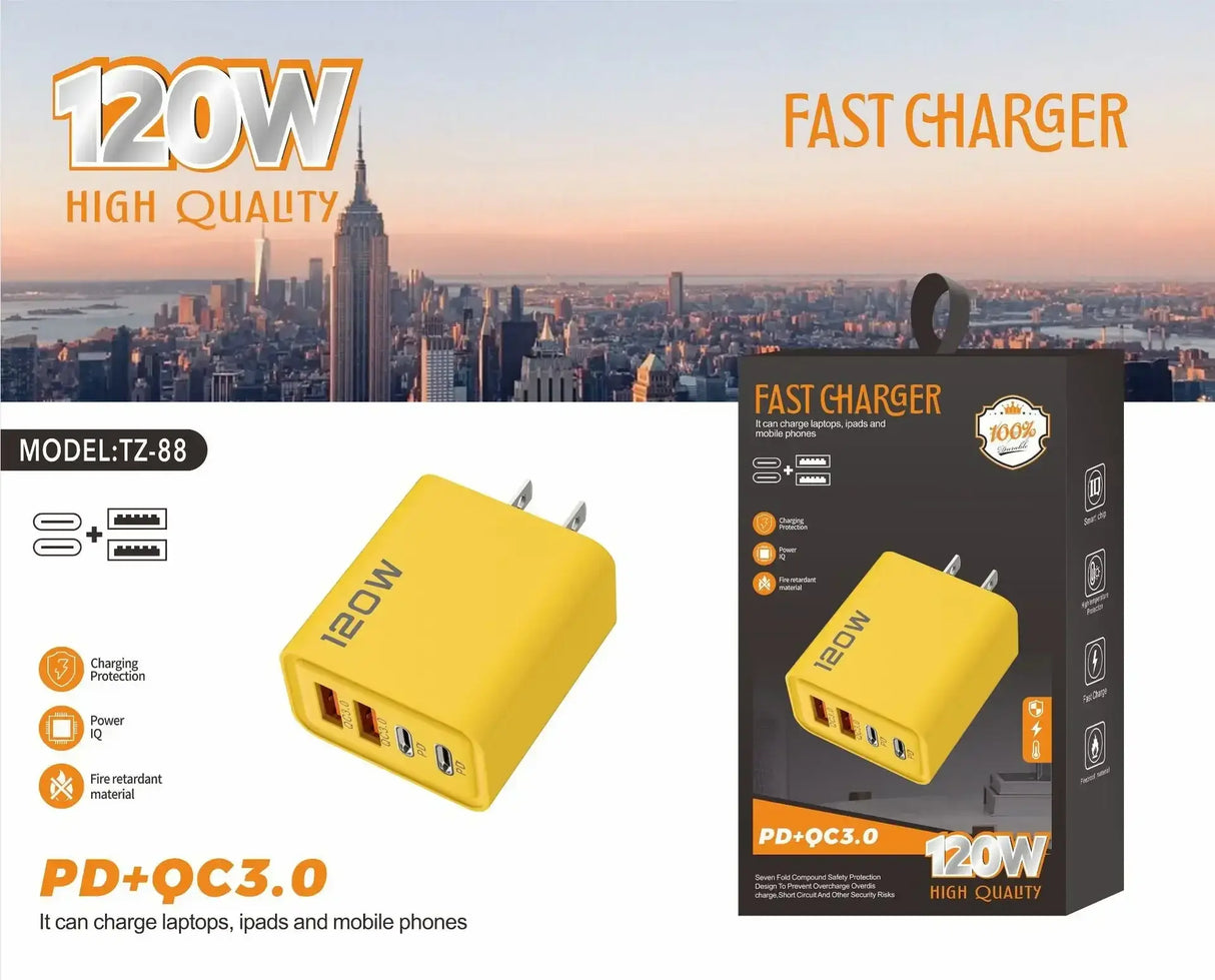 120W fast charger with PD and QC 3.0, designed to charge laptops, iPads, and mobile phones efficiently.