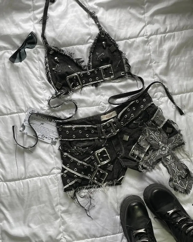 Women Cross Patch Denim Skirt Set