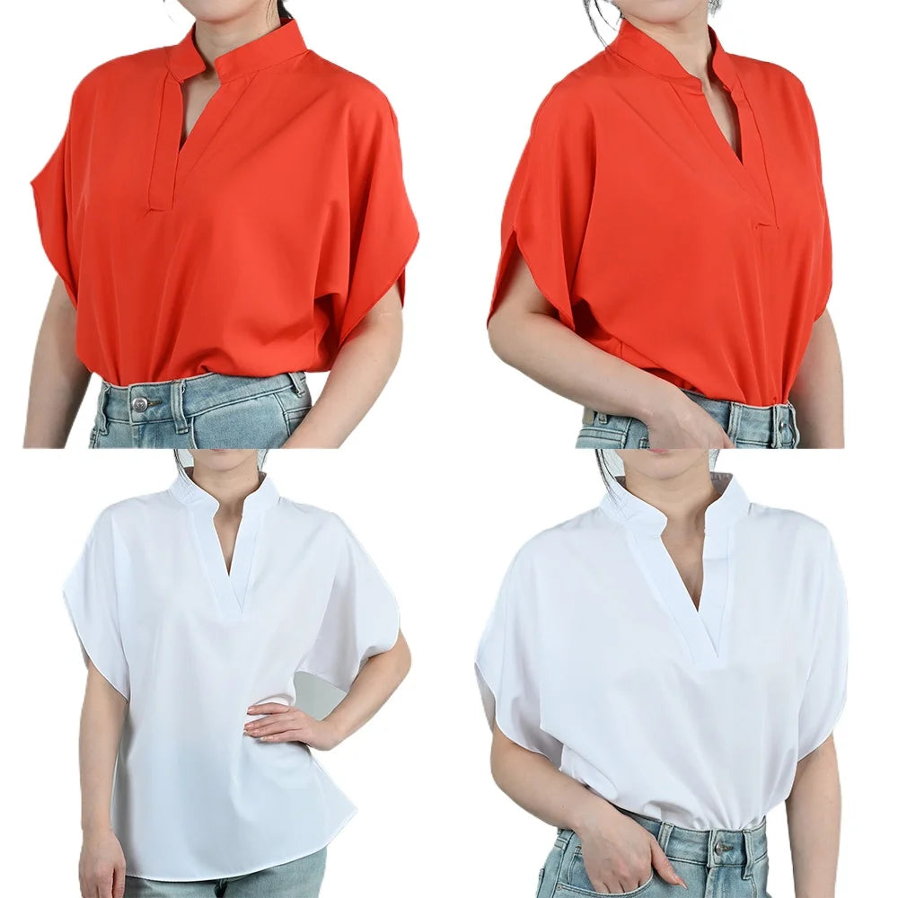 ViviCharm™ elegant V-neck flare sleeve blouses in red and white, perfect for midlife women, styled with casual jeans.