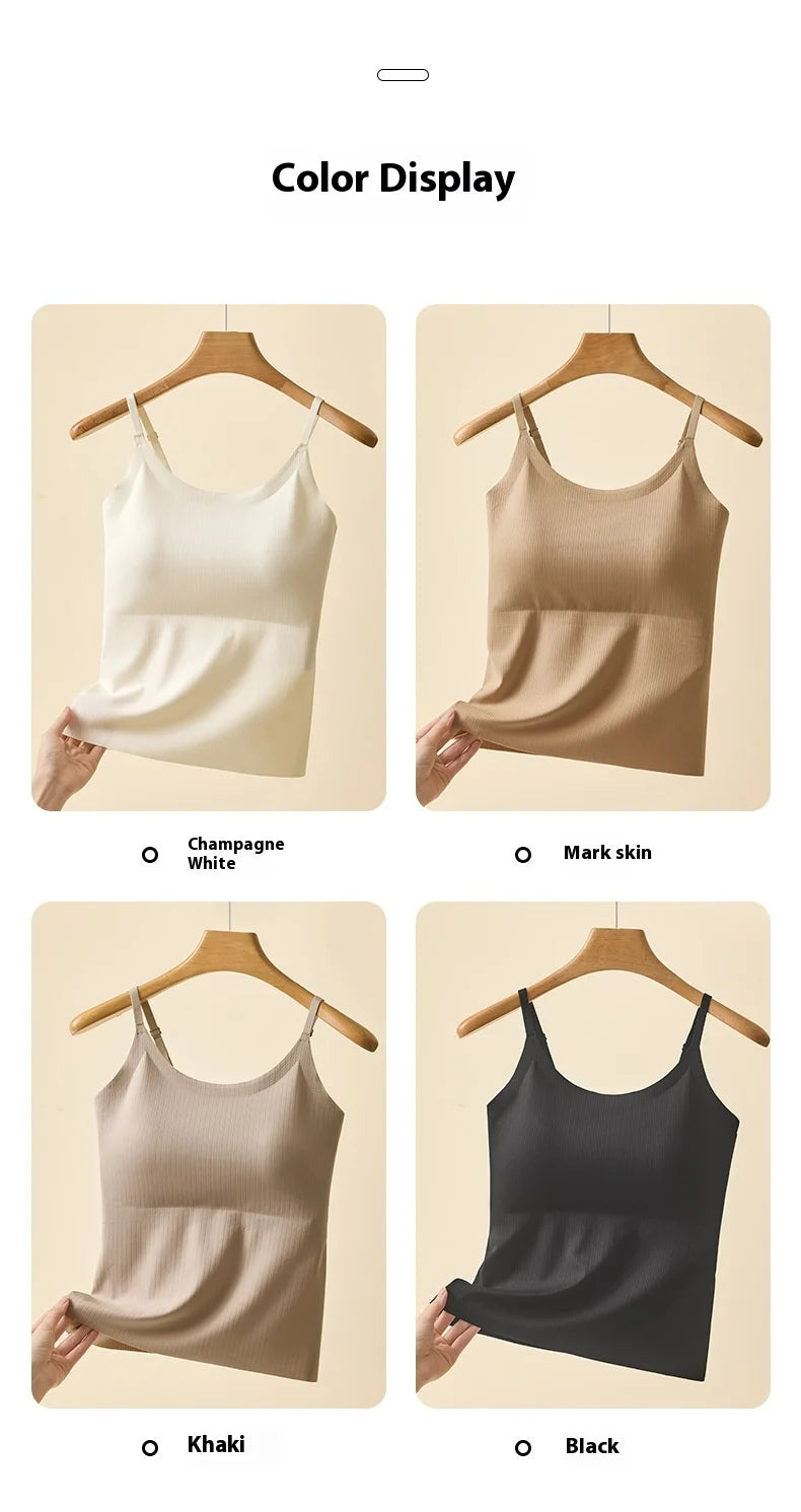 Color display of BraChic™ Ice Silk Cami featuring Champagne White, Mark Skin, Khaki, and Black options.