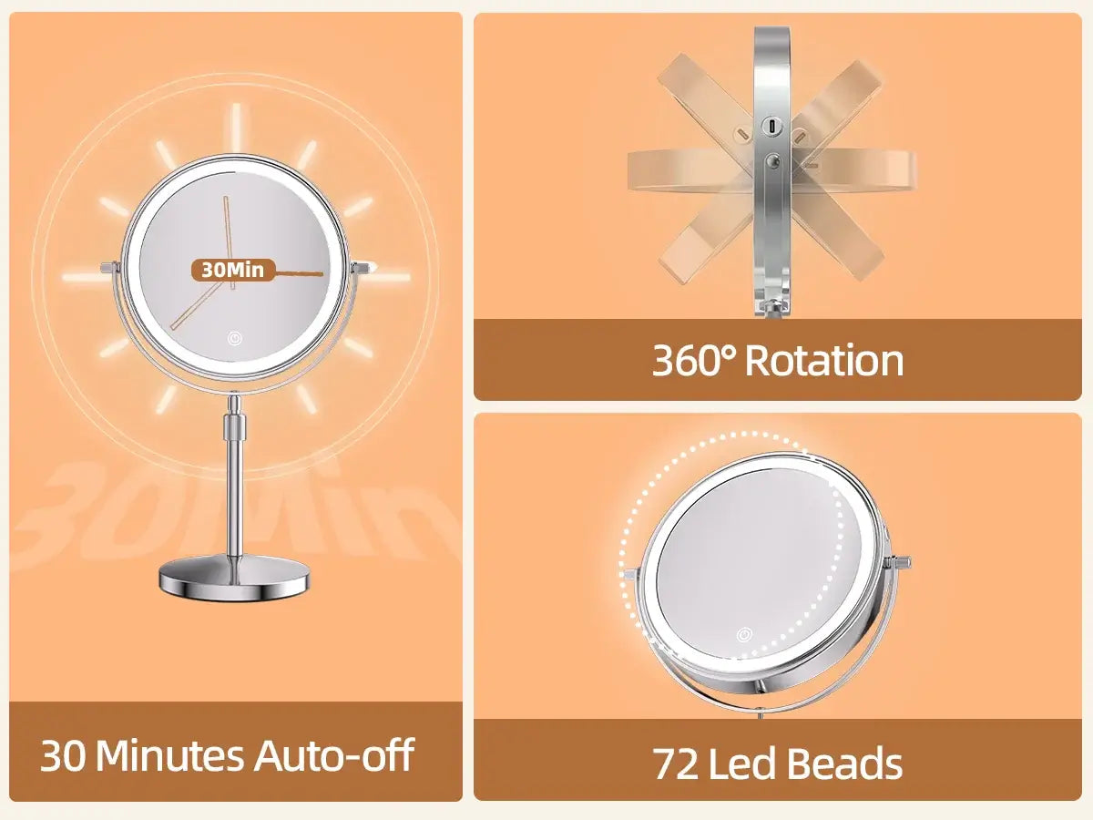 8 Inch Makeup Mirror features 30-min auto-off, 360° rotation, and 72 LED beads for optimal lighting and convenience.
