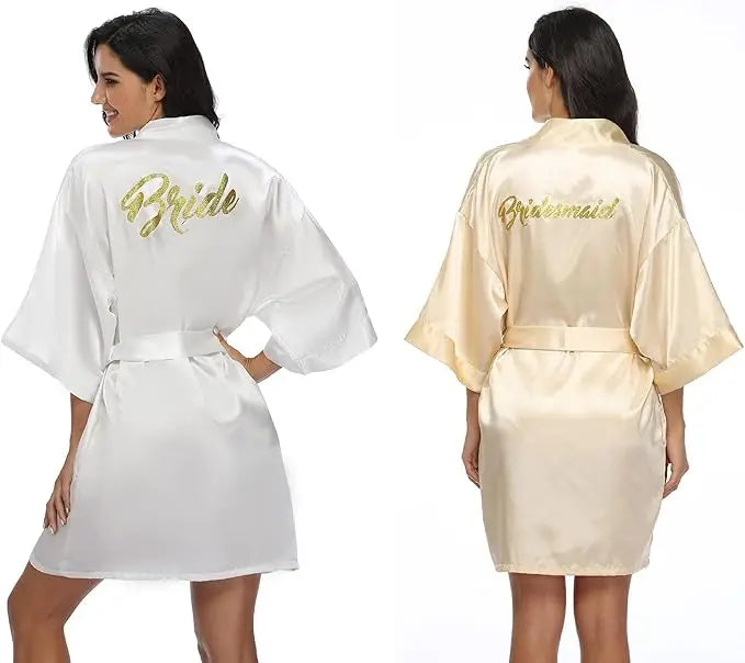6-piece satin bridal shower robe set featuring Bride and Bridesmaid robes in elegant styles.