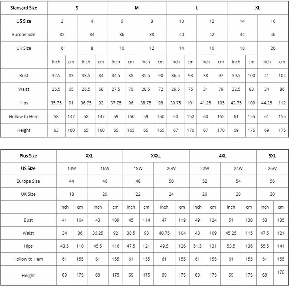 Size guide for wedding dresses, including standard and plus sizes with measurements in inches and centimeters.