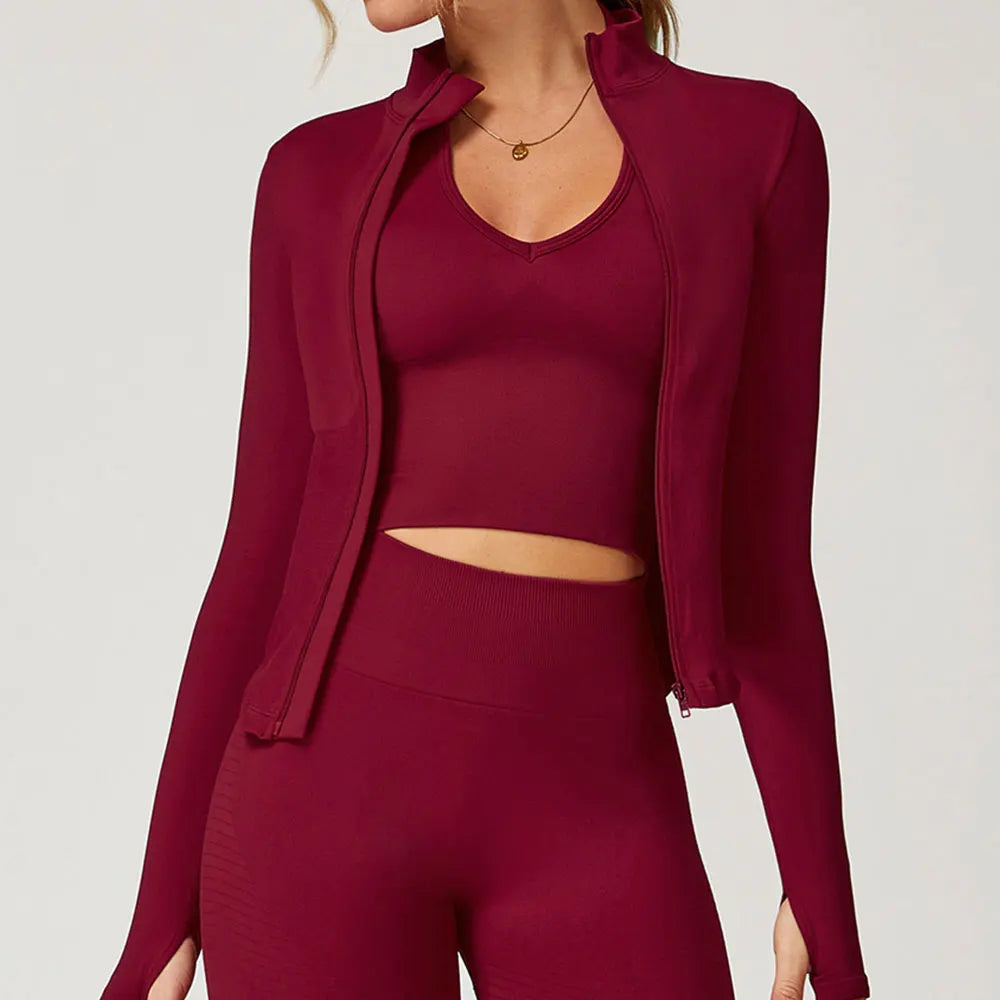 Ribbed Women's Yoga Jacket – Long Sleeve Standing Collar Fitness Top