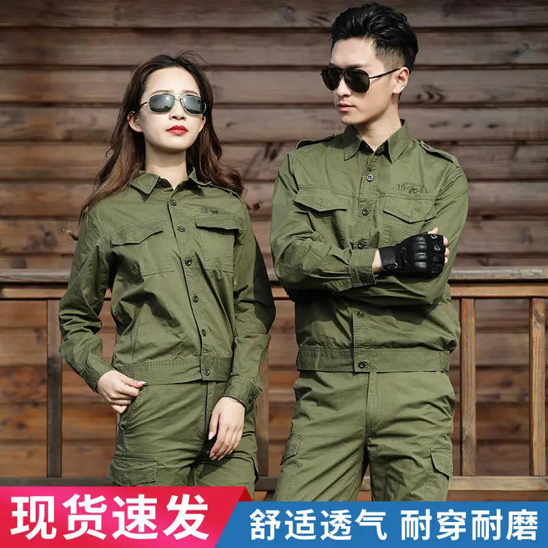 Summer cotton green work suit for welding protection, featuring durable design and safety for outdoor tasks.