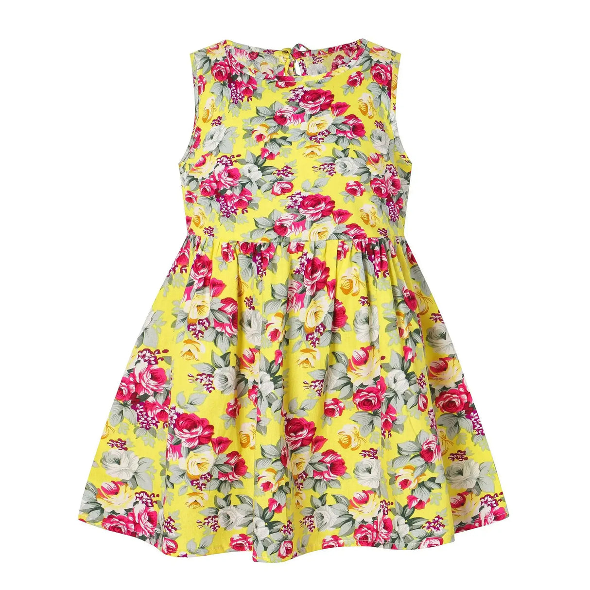 2025 Spring Summer girl vest dress in yellow floral pattern, suitable for ages 4-6Y, made of cotton and linen.