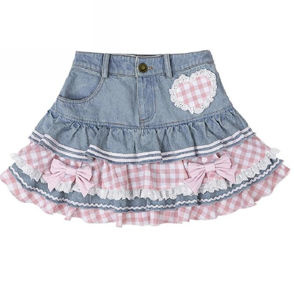 LolitaBall™ – Lace Skater Skirt (Sweet Harajuku Kawaii Denim Skirt)