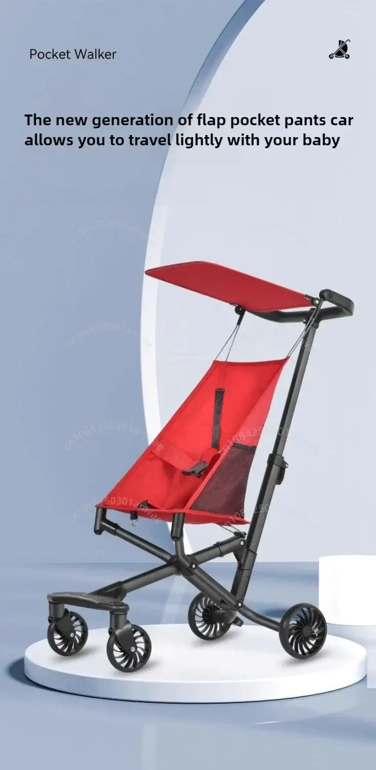 Lightweight red baby stroller designed for easy travel with your baby, featuring a foldable frame and durable wheels.