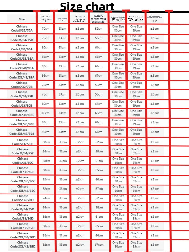 Size chart for women's clothing with measurements for bust, waist, and hips in cm.
