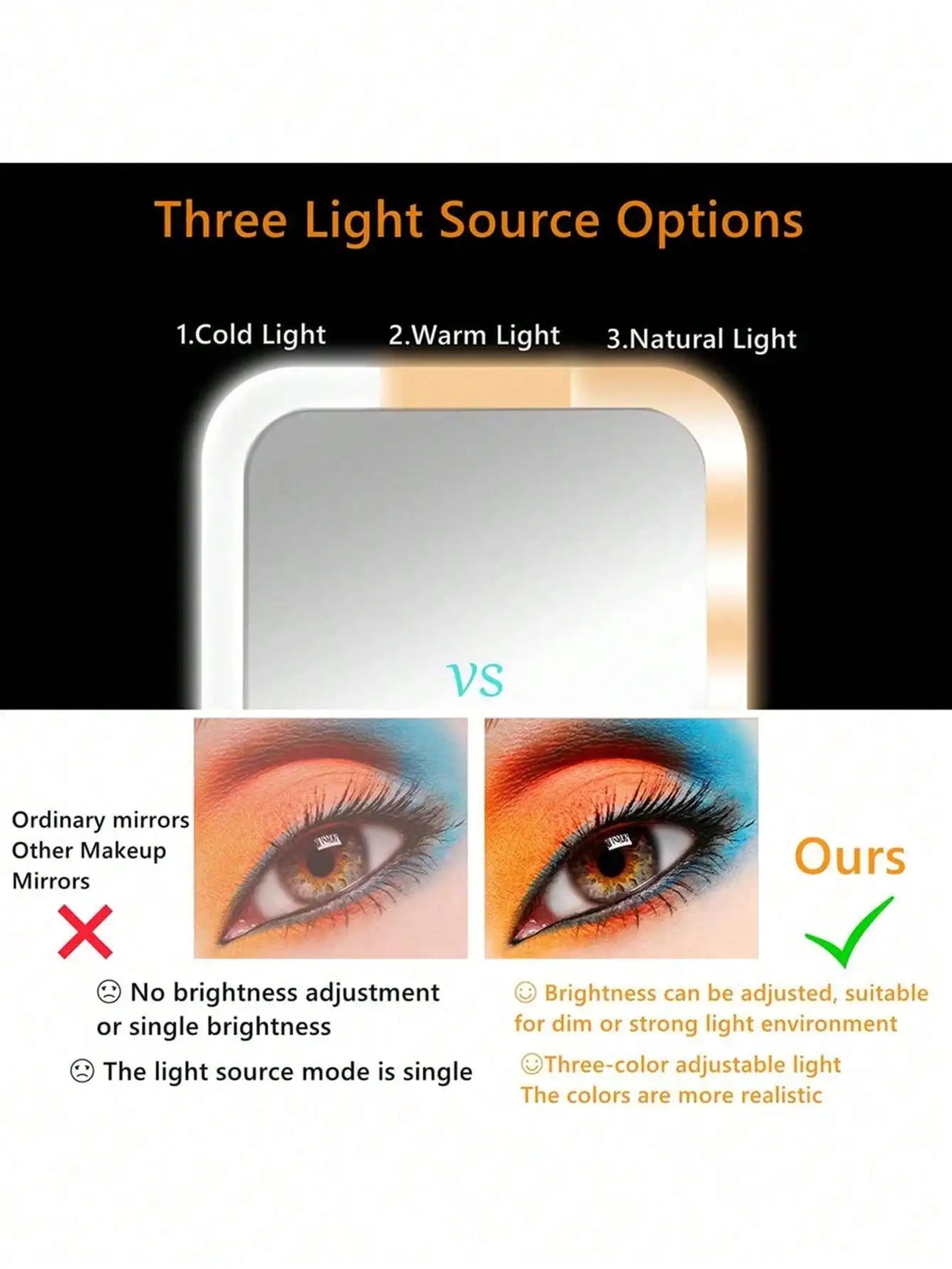 Comparison of LED makeup mirror with adjustable dimming and lighting options: cold, warm, and natural light.