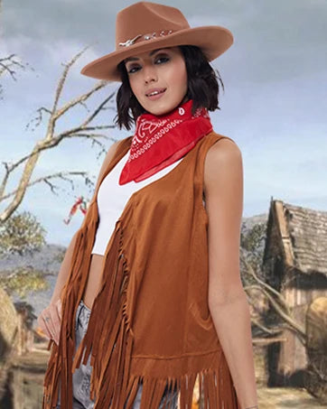 Cowboy costume set featuring a woman in a tassel vest, hat, and red bandana in a western-themed background.