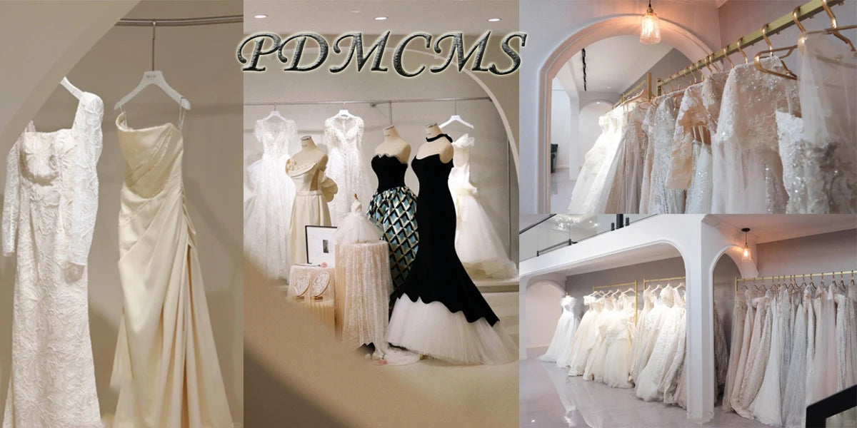 A variety of elegant wedding dresses displayed in a boutique setting, showcasing different styles and designs.