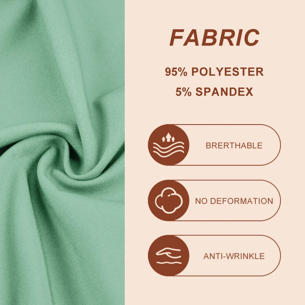 Close-up of fabric composition: 95% polyester and 5% spandex, showcasing breathable, anti-wrinkle, and no deformation features.