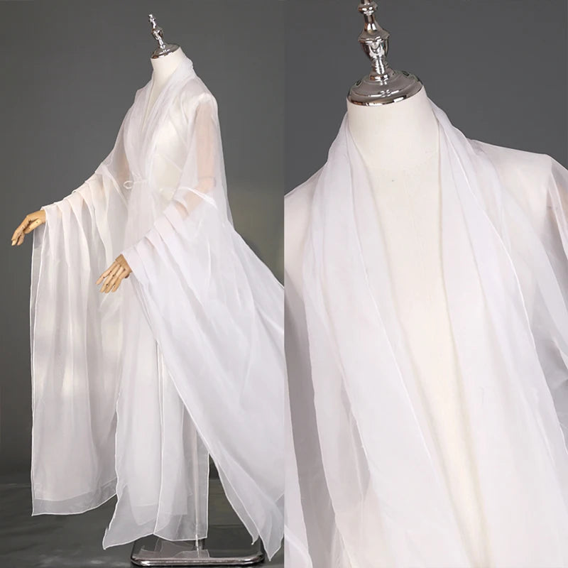 Elegant women’s classical Hanfu stage costume with flowing sleeves, made from lightweight polyester in Shanghai.