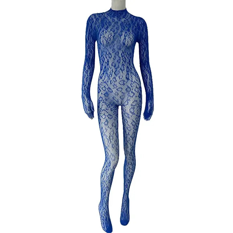 Women Lace Fishnet Long Sleeve Jumpsuit