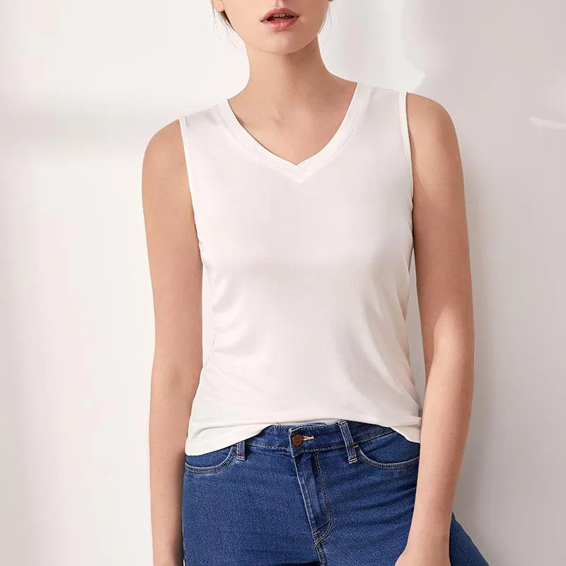 Silkaire™ 100% Mulberry Silk V-Neck Top for women, featuring a sleek design, perfect for premium sleepwear.