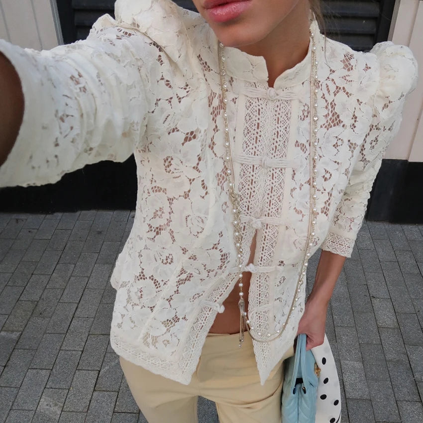 Lace Bloom Embroidered Puff Sleeve Blouse