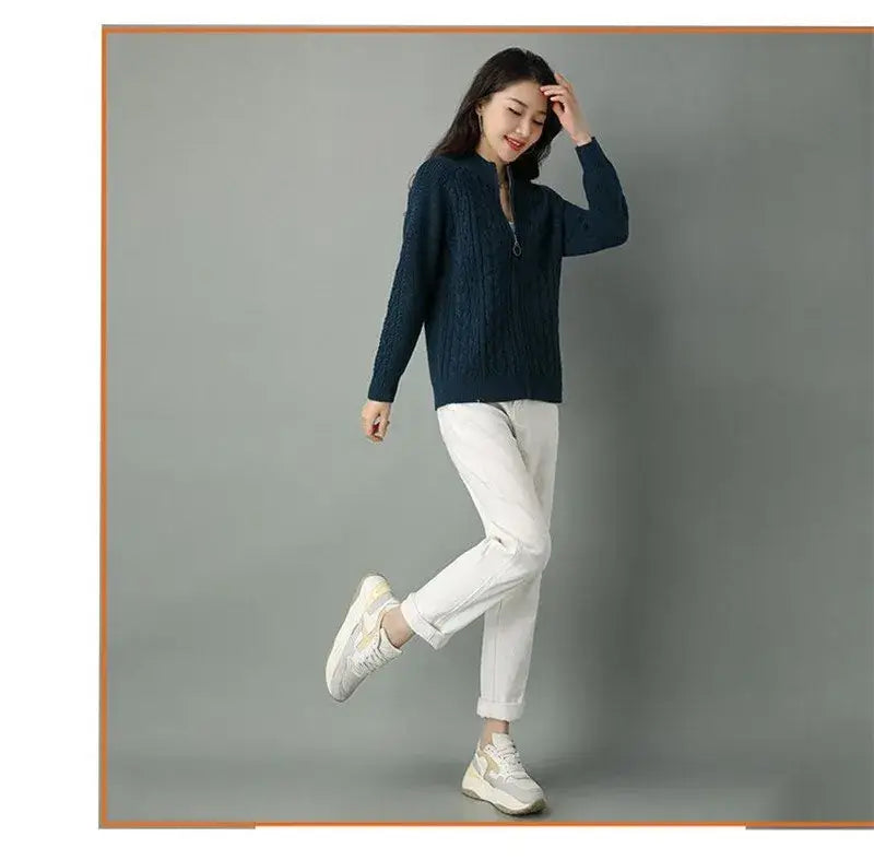 Women Zipper High Collar Knit Cardigan