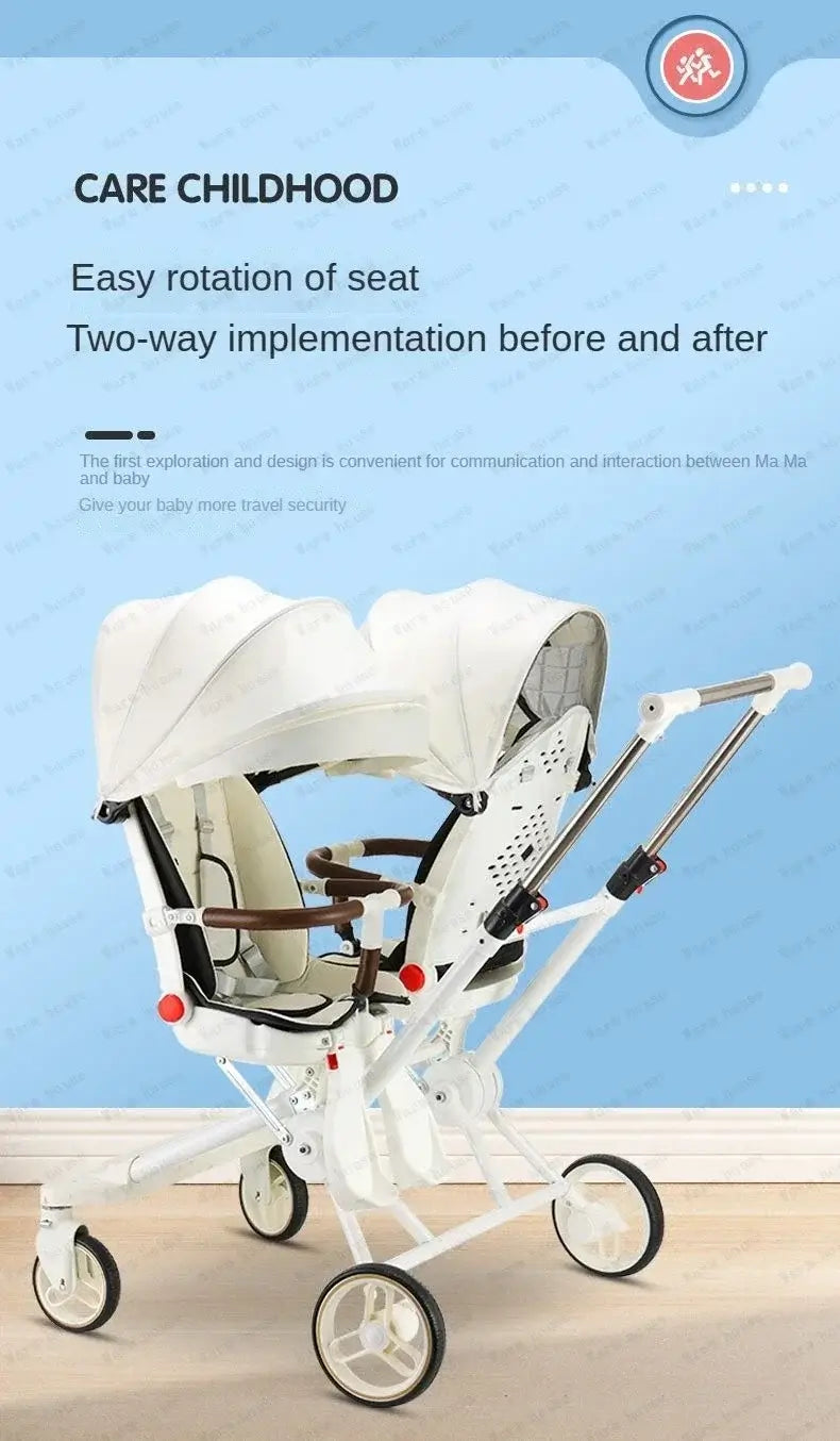 Twin stroller with easy seat rotation for children, designed for comfort and safety.