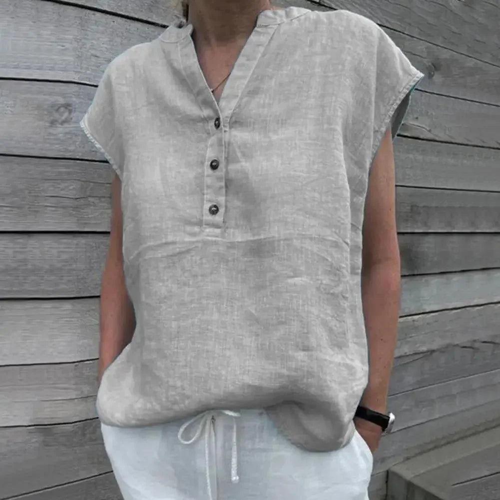 BreezyLuxe™ Cotton Linen V-Neck Blouse in gray, featuring a single breasted closure and relaxed fit, perfect for summer.