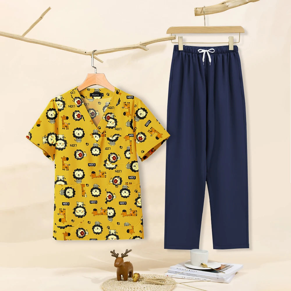 Cartoon print dental scrubs for women, featuring lion design. Includes a V-neck top and navy pants, ideal for pet grooming.