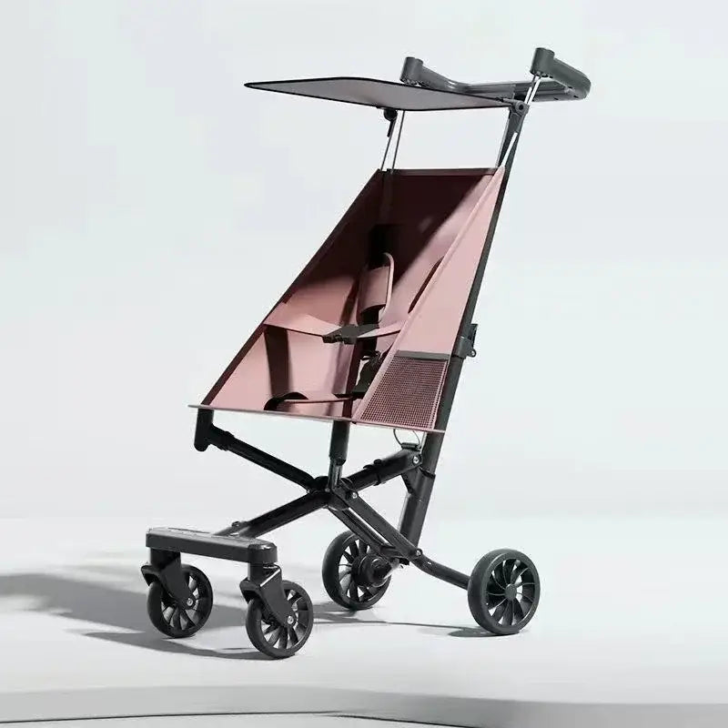 Lightweight baby stroller in pink fabric with foldable design and high carbon steel frame, suitable for ages 1-6 years.