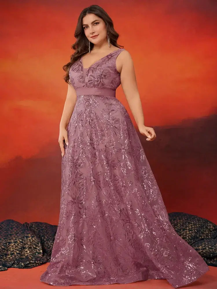 فستان سهرة كوكتيل بظهر على شكل حرف V مزين بالترتر للنساء بمقاسات كبيرة