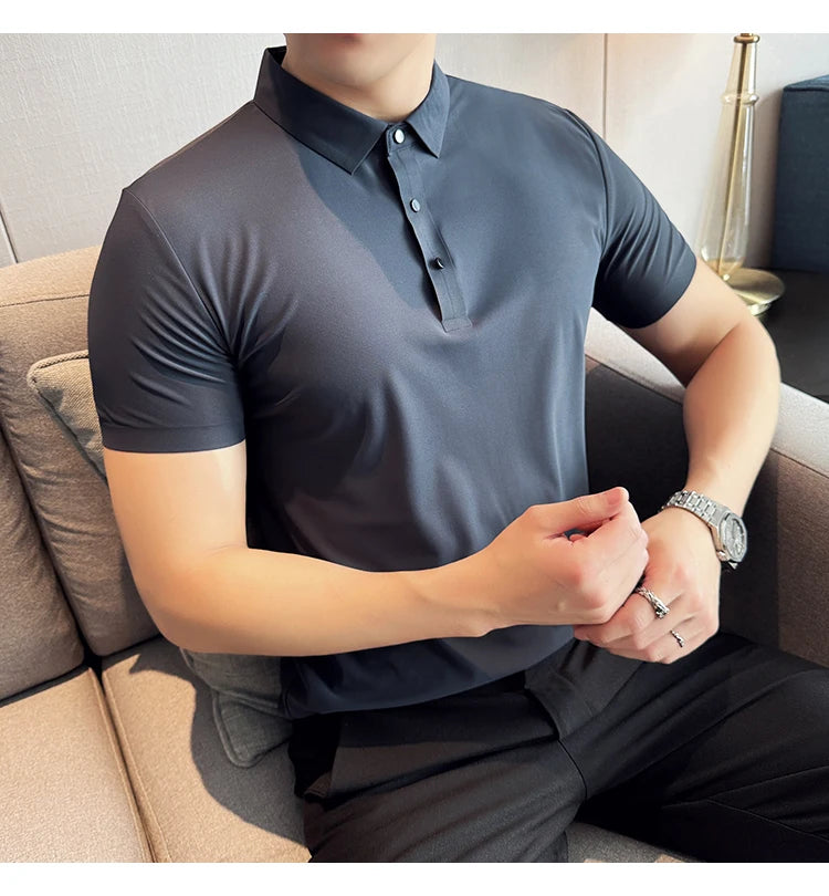 Men Ice Silk Polo Shirt Brown Top
