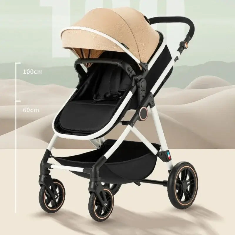 Lightweight foldable baby stroller in black and beige, featuring a high landscape design and easy portability.
