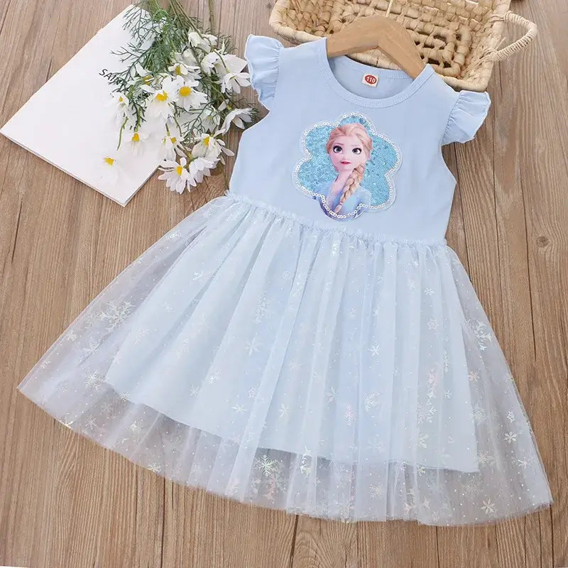 Light blue summer princess dress for girls, featuring an Elsa design and tulle skirt, perfect for ages 4-6.