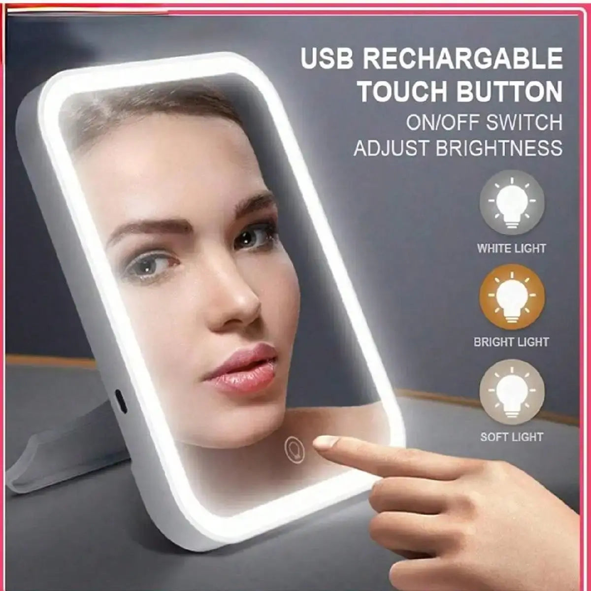 LED makeup mirror with adjustable dimming, USB rechargeable touch button for brightness control, featuring a sleek design.