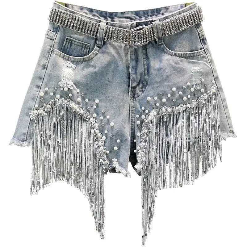 GlamBeads™ – Beaded Sequin Denim Shorts (Fringed, Broken Copper Style)