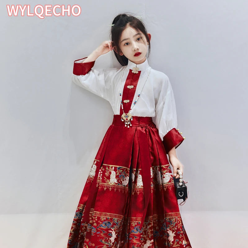 Summer Hanfu dress for girls, featuring an embroidered skirt and stylish top in red and white.
