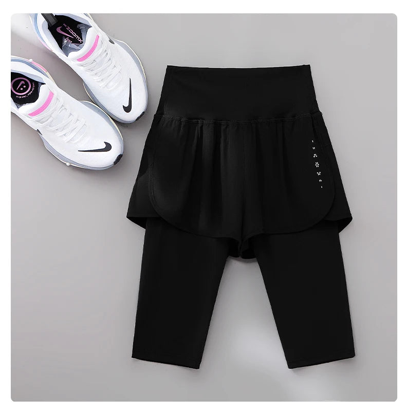 DRUR Knee-Length 2-in-1 Women's Yoga Shorts – High Waist Summer Gym Pants