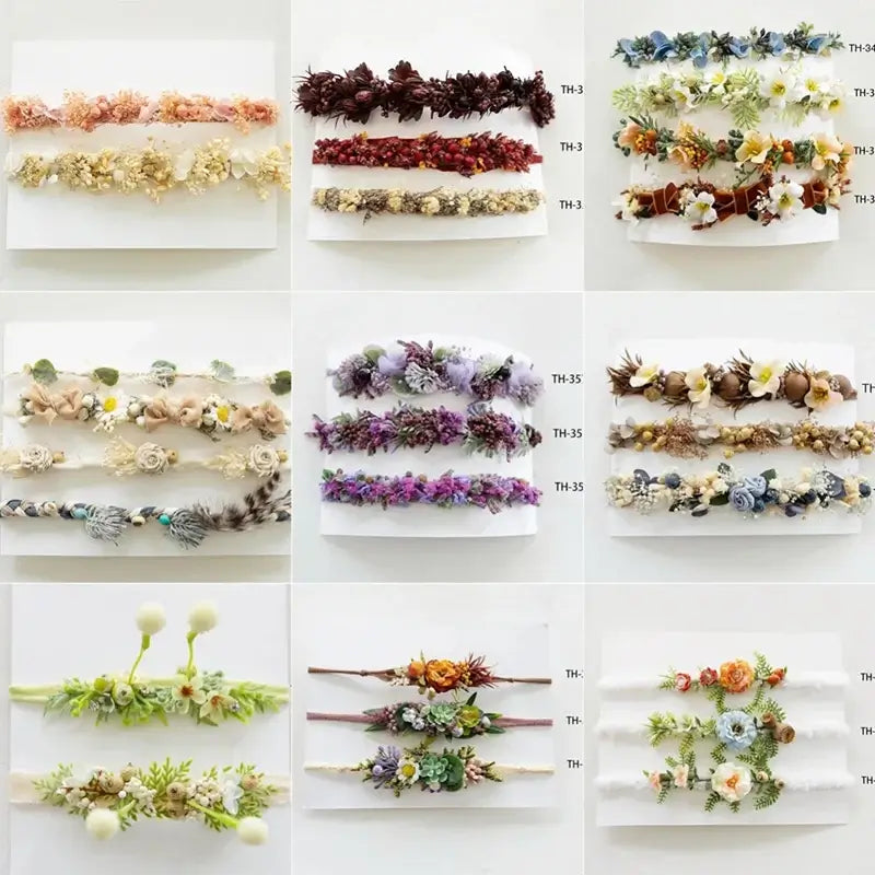 Variety of adjustable faux flower headbands for newborn photography, featuring multiple colors and designs, suitable for baby girls.