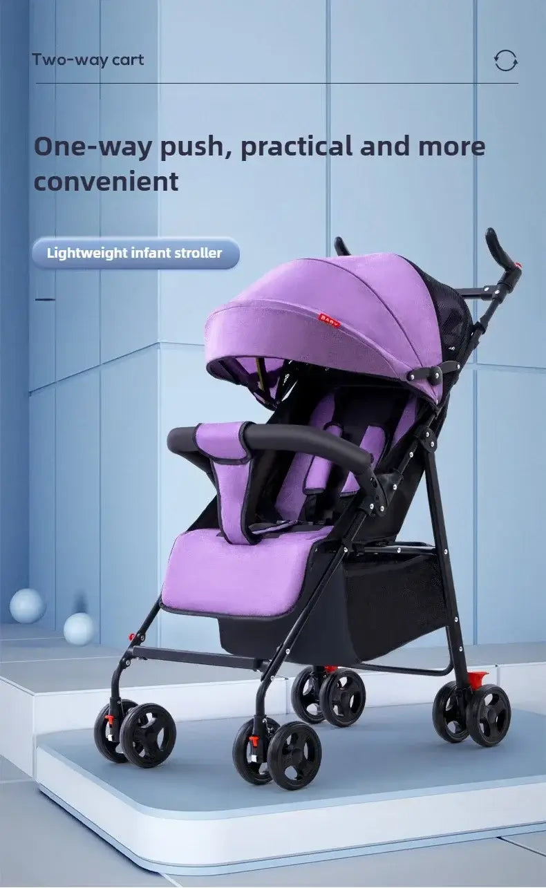 Lightweight infant stroller in purple, featuring a one-way push design and practical convenience for parents.