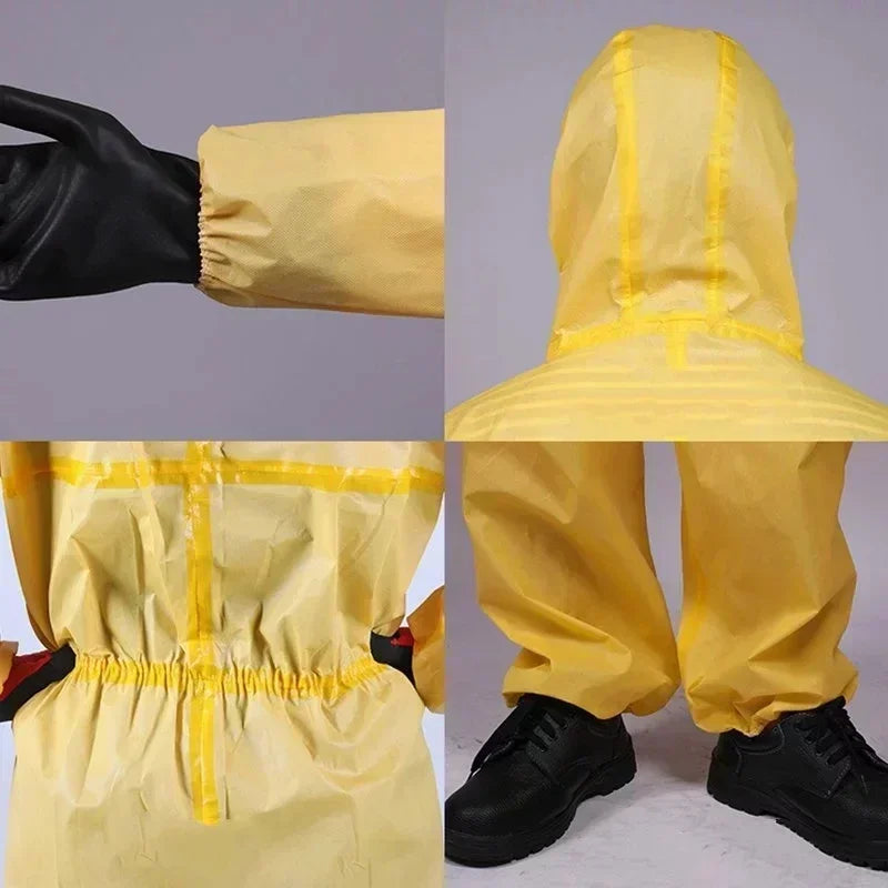 Chemical resistant work coverall in yellow with elastic cuffs, hood, and pockets for utility and safety.