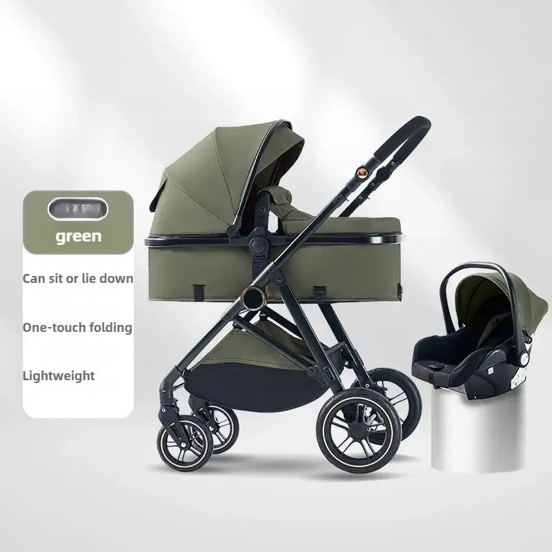 Lightweight baby stroller with one-touch folding, can sit or lie down, in green color.